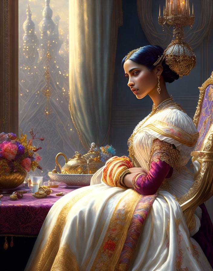 Traditional Royal Attire Woman Sitting Beside Lavish Table