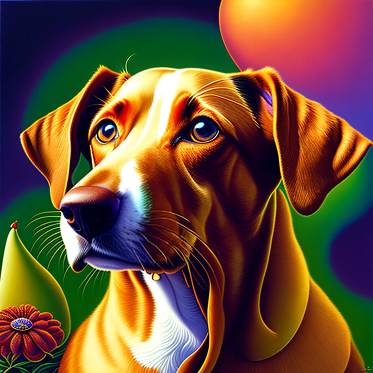 Vibrant abstract dog portrait with expressive eyes and flower motif