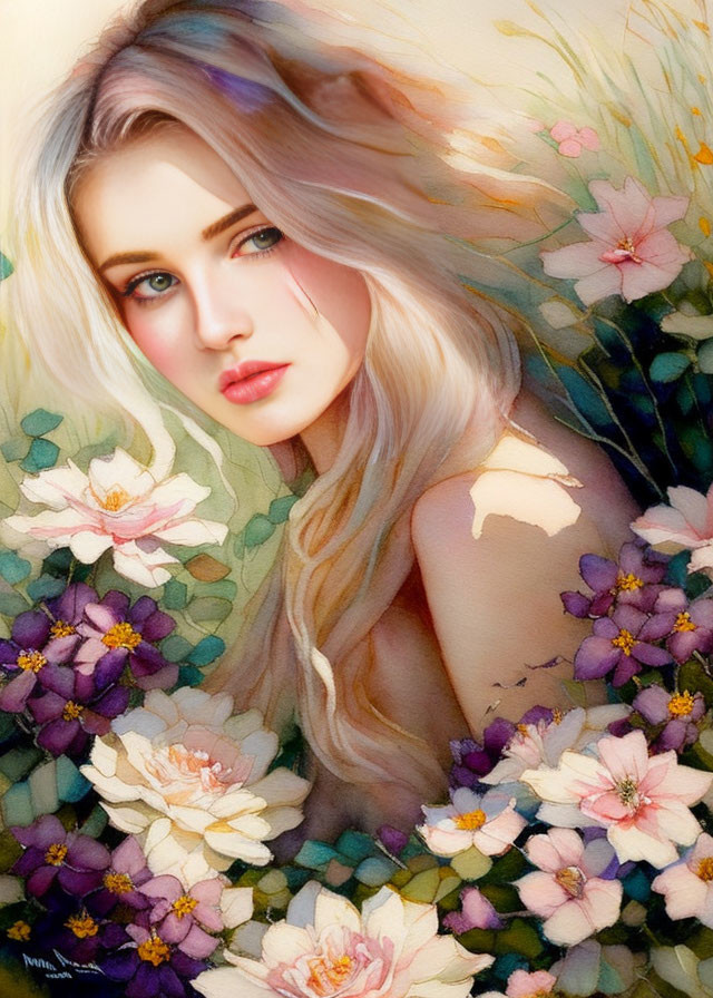 Blonde woman portrait with pastel flowers