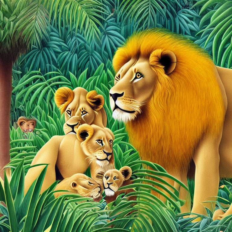 Male lion, two lionesses, cub, and child in dense jungle landscape