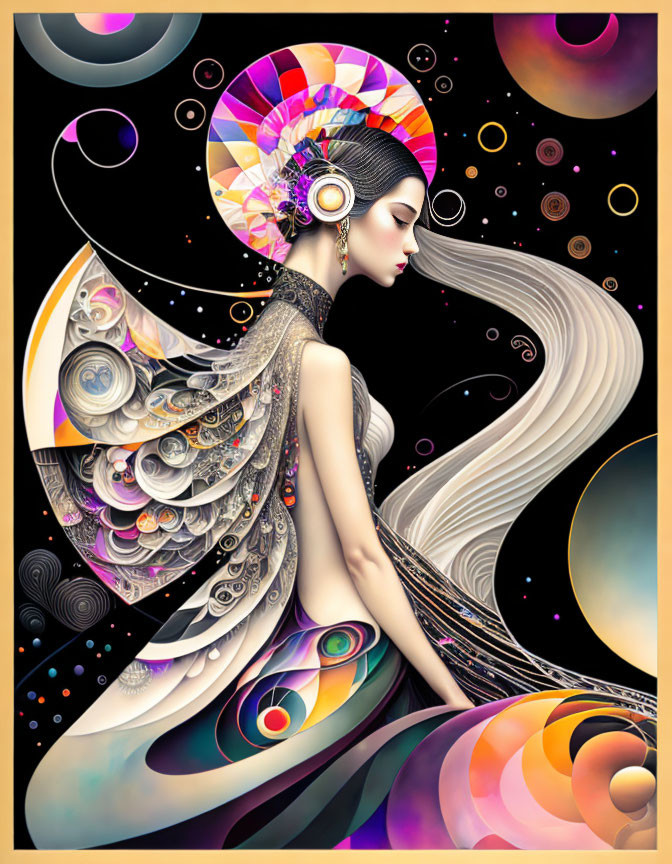 Cosmic-themed woman with ornate headdress and abstract garment against starry background