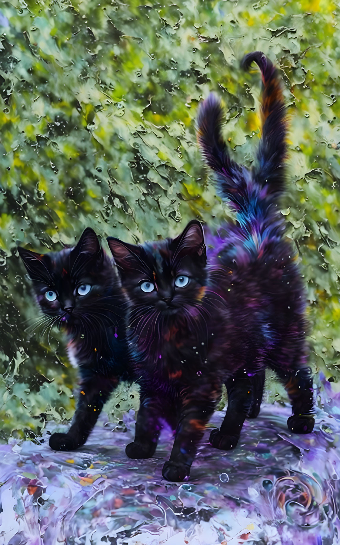 Two Black Kittens with Blue Eyes and Shiny Fur in Colorful Background