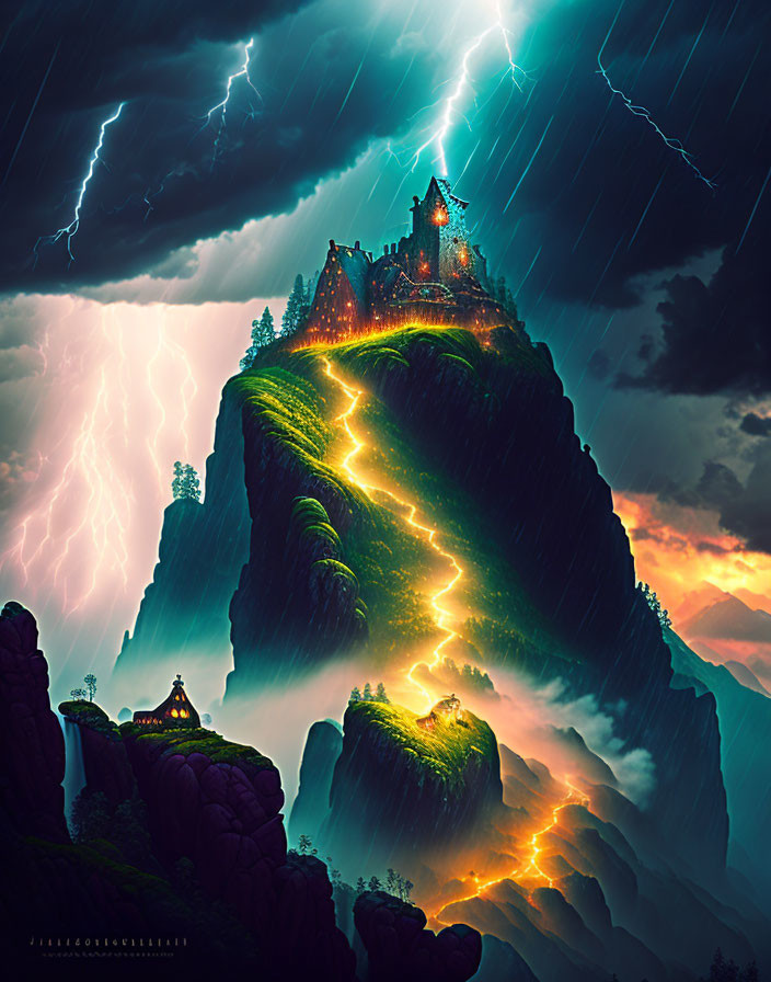 Mystical mountain with glowing paths, stormy sky, lightning bolts, and castle