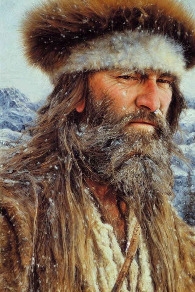 Bearded man in fur hat and coat against snowy mountain landscape