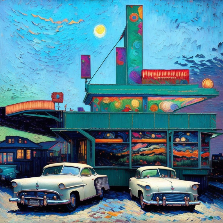 Colorful Van Gogh-style painting: classic cars, retro diner, neon sign, starry night