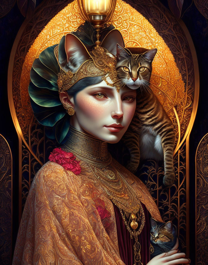 Woman with Cat Features Wearing Ornate Headdress Surrounded by Cats and Patterns