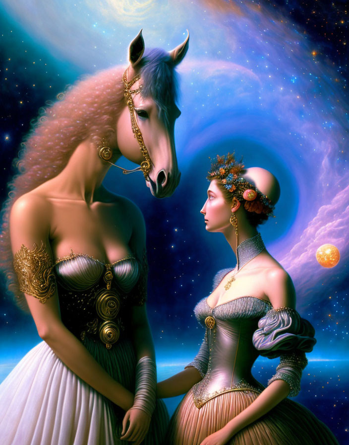 Surreal portrait: Victorian woman, humanoid horse, starry sky, distant planet