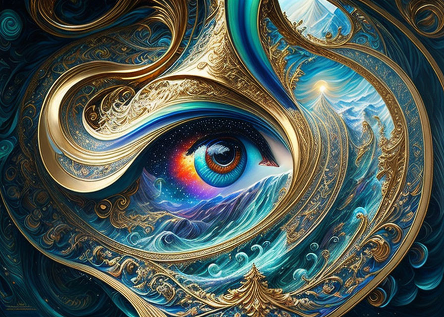 Colorful surreal artwork: Eye in golden and blue swirls with landscape and celestial elements