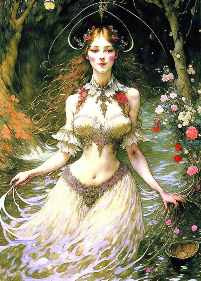 Ethereal woman with halo in forest surrounded by flowers