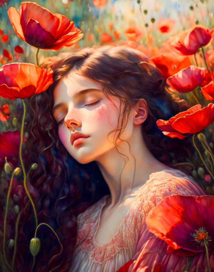 Young woman with curly hair resting among red poppies in a dreamlike scene