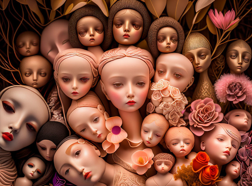 Stylized dolls with varied expressions in earthy tones and subtle pinks