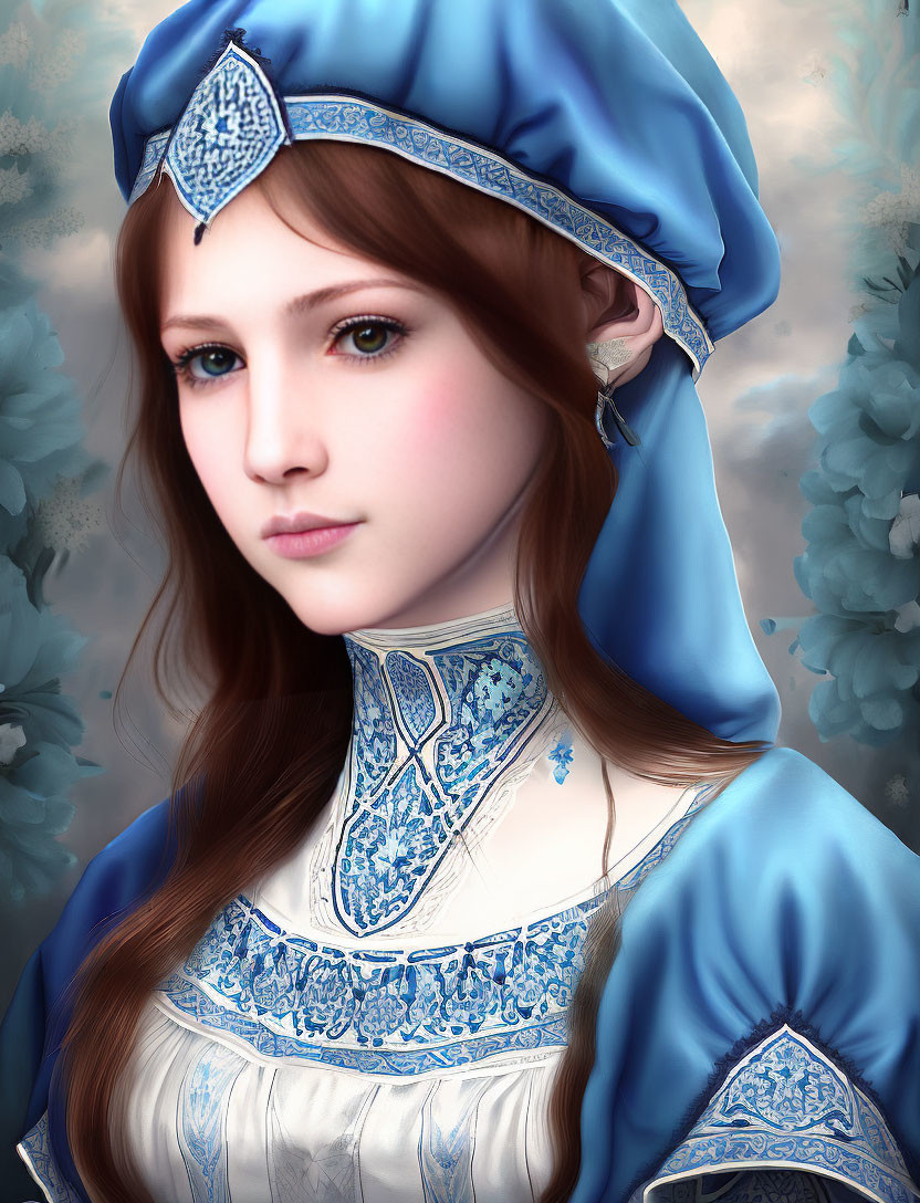 Serene young woman in blue Renaissance dress with white embroidery