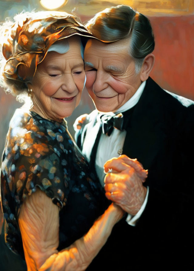 Elderly Couple Dancing Closely Smiling in Formal Attire