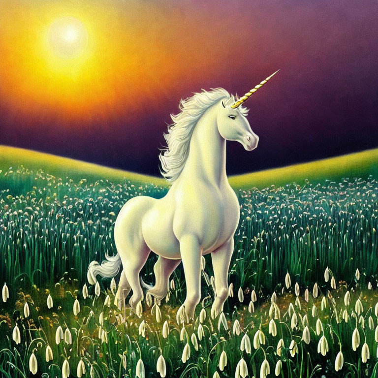 White unicorn in blooming flower field at sunset