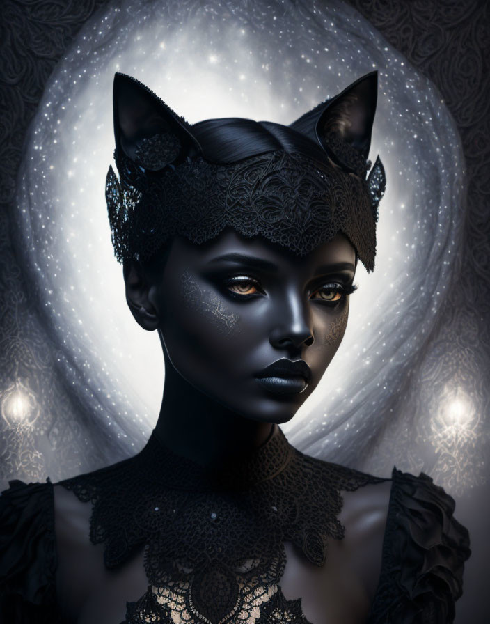 Fantasy portrait of woman with cat-like features in dark lace headpiece against starry backdrop.