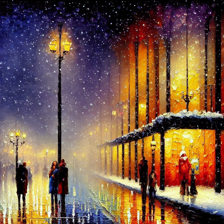 Colorful painting of people walking in snowy evening cityscape