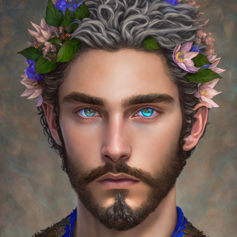 Digital illustration of a man with blue eyes, gray curly hair, beard, and floral wreath.