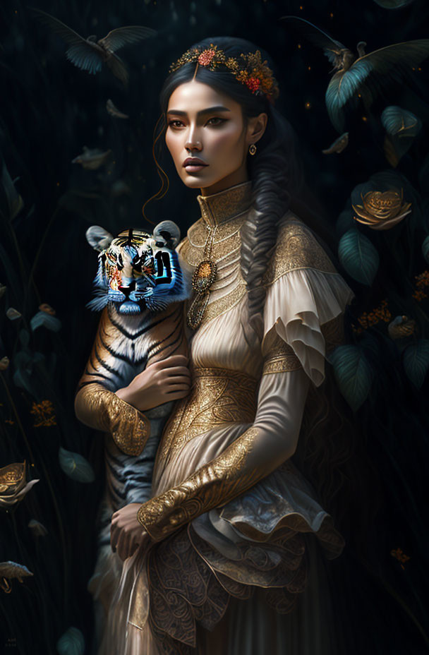 Regal woman in golden attire with blue-eyed tiger in enchanted forest