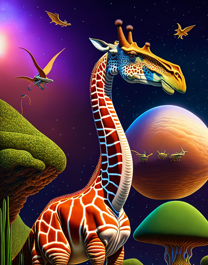 Colorful Giraffe Blending into Cosmic Fantasy Scene