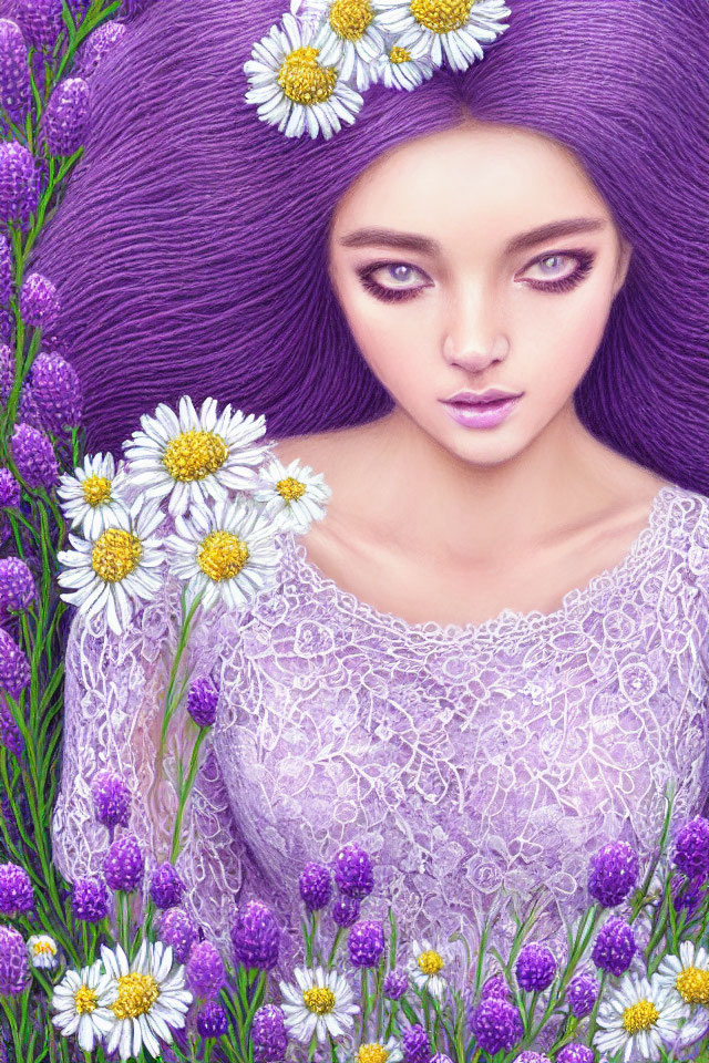 Surreal portrait of woman with purple hair and lace dress among violet and white flowers