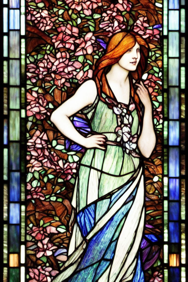 Vibrant stained glass artwork of woman with red hair and floral background