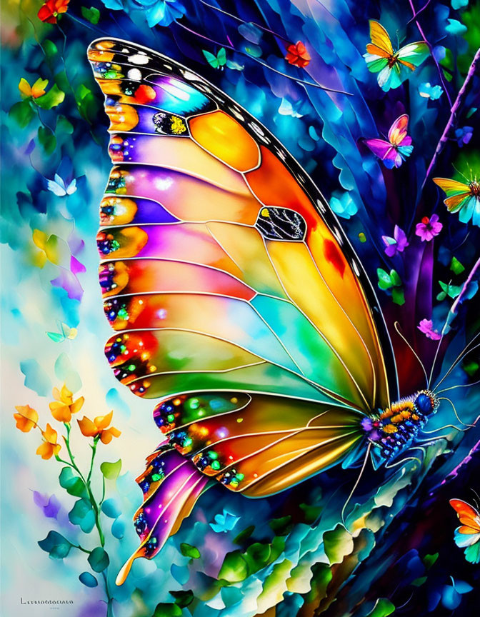 Colorful Butterfly Painting Surrounded by Flowers on Blue-Green Background