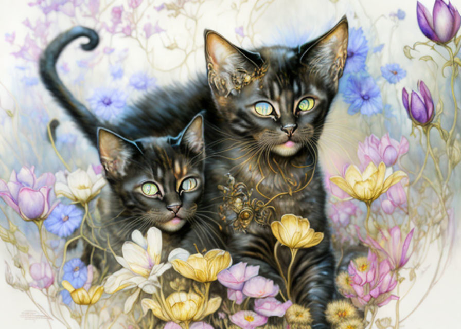 Black kittens with green eyes in floral setting, realistic and whimsical art.