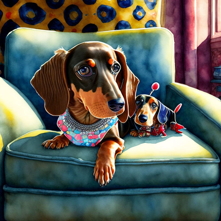 Cartoon dachshunds on chair with pink shirt and bow, red collar, colorful backdrop