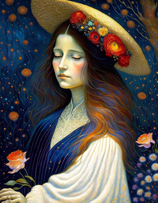 Woman with long hair in flowered straw hat surrounded by stars and roses