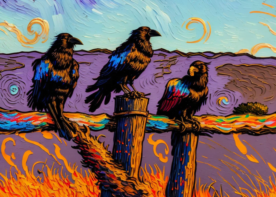 Three ravens perched on posts in a fiery, Van Gogh-esque sky.