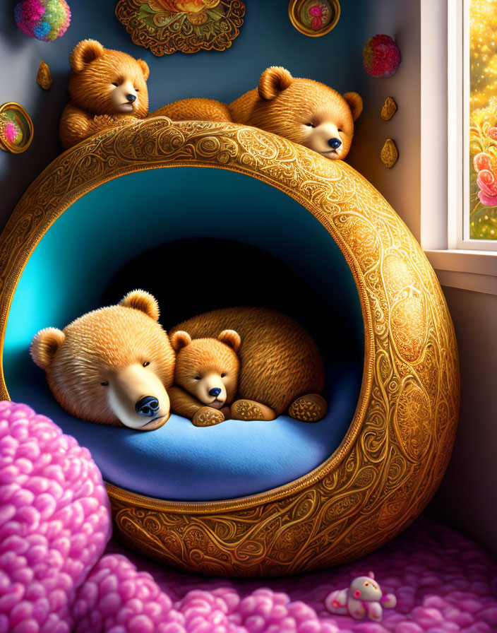 Fluffy bears resting in vibrant, cozy orb scene