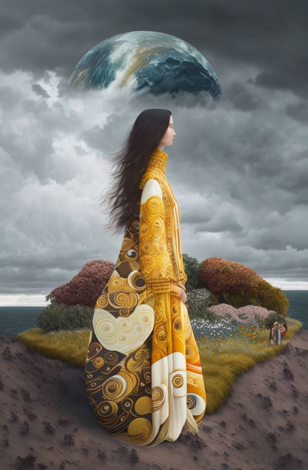 Woman in yellow dress in surreal landscape with oversized moon