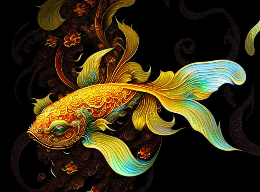 Colorful goldfish digital artwork with intricate patterns on dark background