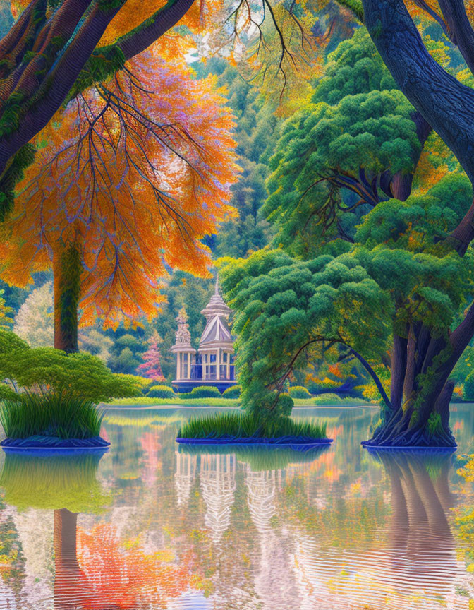 Tranquil lake with autumn trees and pavilion nestled in lush surroundings