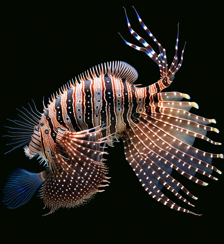 Colorful lionfish showcasing intricate patterns and stripes on dark background