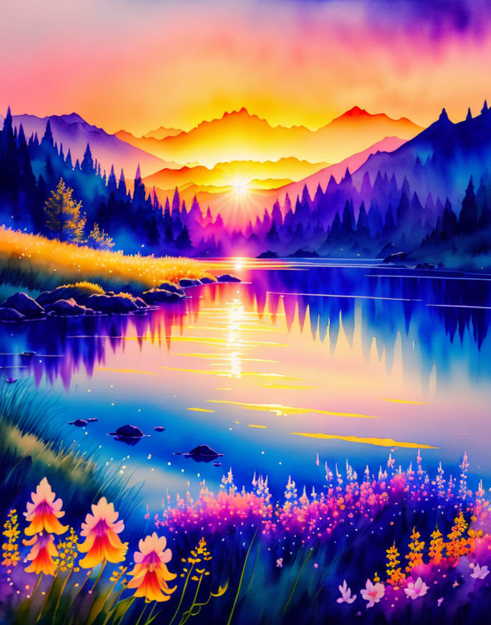 Colorful Sunset Illustration: Mountain Lake Reflections & Wildflowers