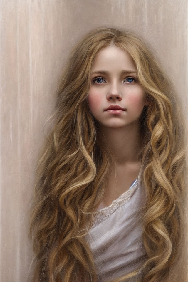 Portrait of young girl with long blond hair and blue eyes on muted background