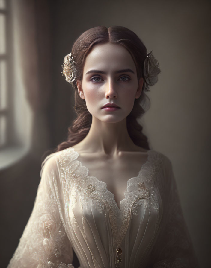 Vintage-inspired woman in ornate cream dress and elegant makeup gazes intently.