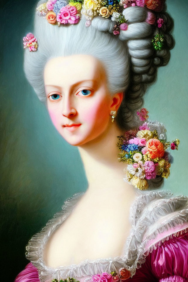 Woman in High-Powdered Wig and Floral Dress Portrait