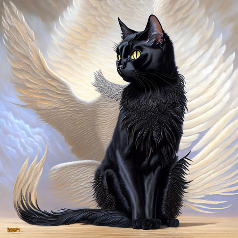 Black Cat with White Wings Curled Tail on Feathered Background