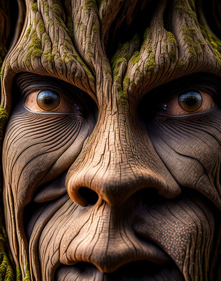 Detailed wooden mask with lifelike human eyes and green moss accents