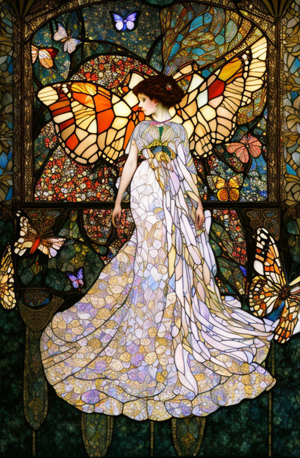 Woman in white dress with butterfly wings against stained glass backdrop.