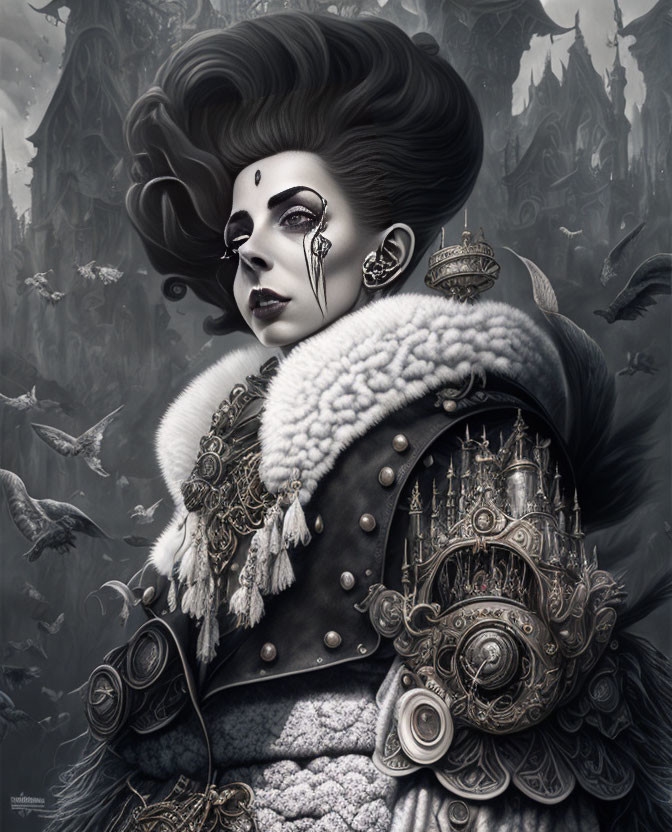 Monochromatic regal woman with updo and miniature city on shoulder in gothic setting