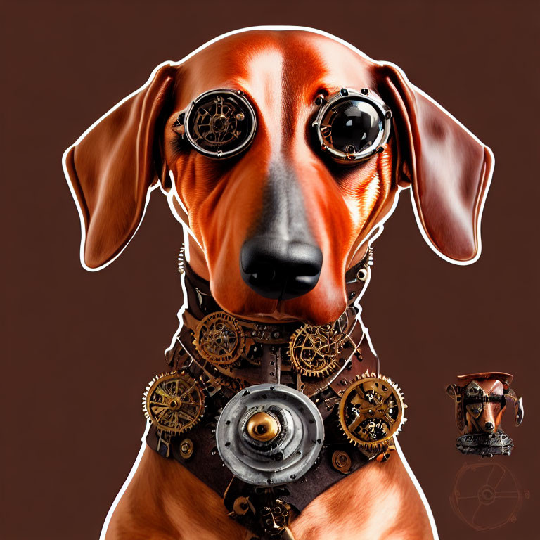 Steampunk-Inspired Dog and Cup with Gears on Brown Background