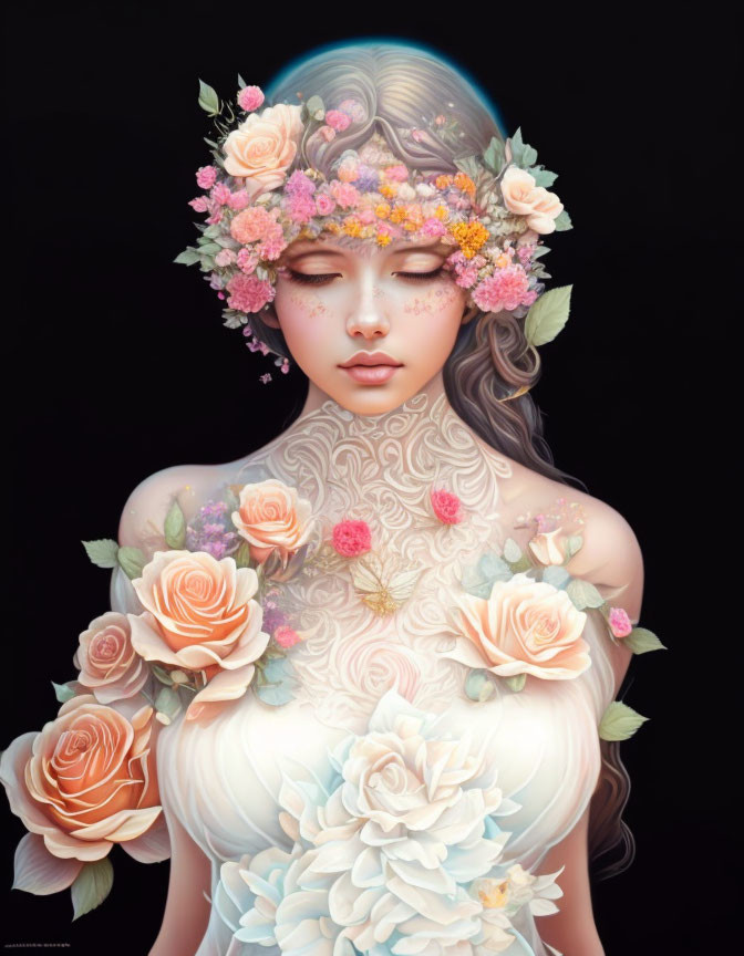 Ethereal portrait of woman with halo, floral hair, pastel tones, and intricate tattoos