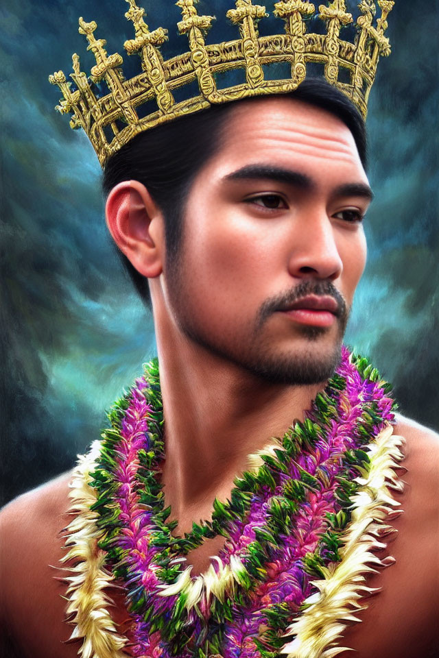 Male wearing crown and lei on dark cloud backdrop exudes nobility.