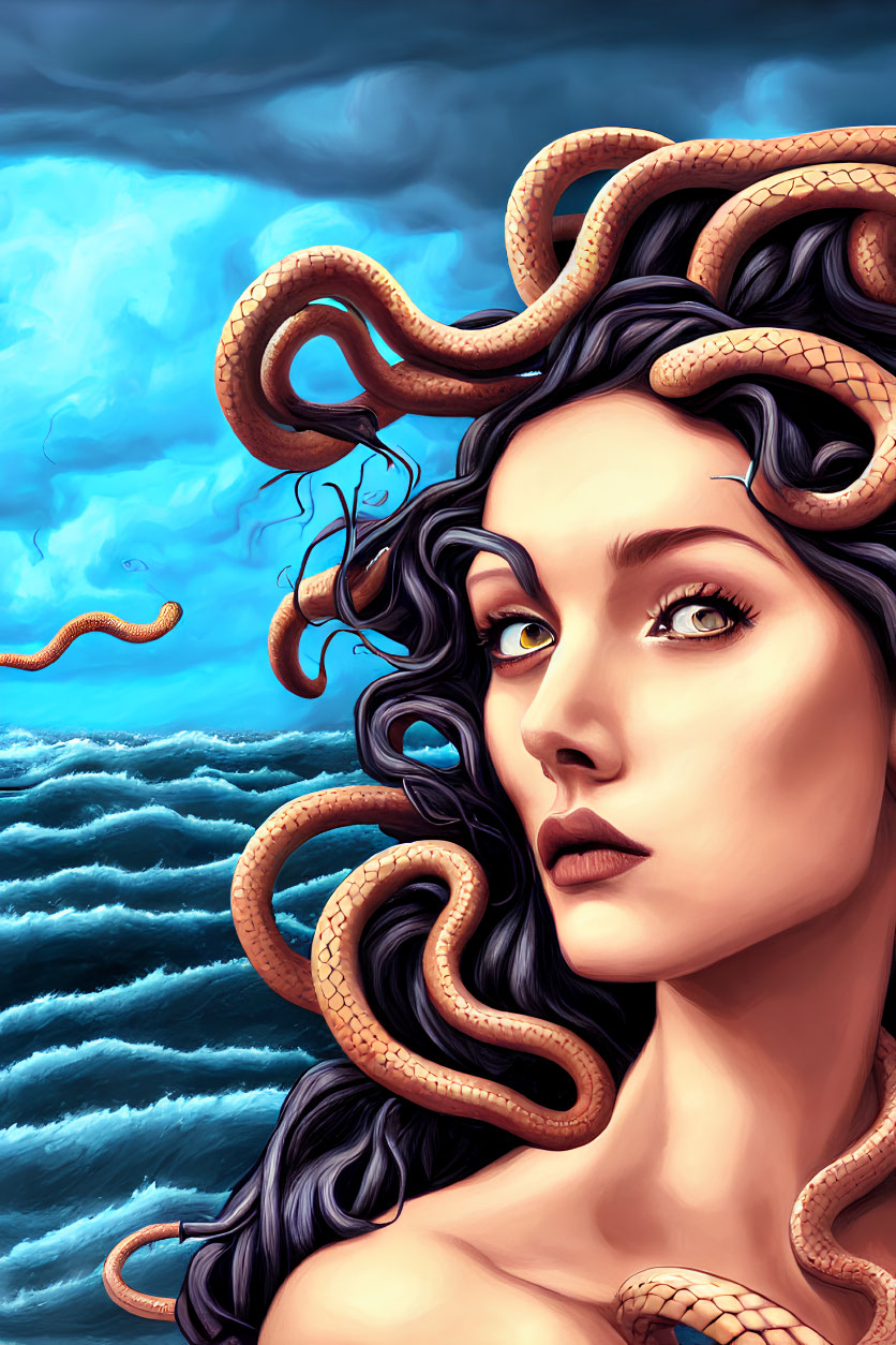 Digital artwork: Woman with snake hair in stormy sea setting