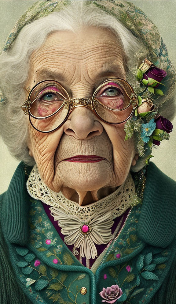 Elderly woman in vintage attire with floral accents