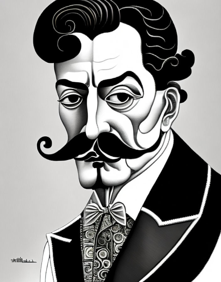 Monochrome illustration of a man with twirled mustache and bow tie