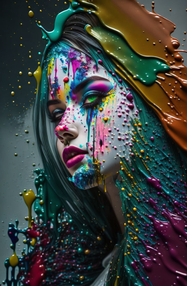 Vivid multicolored paint dripping on woman's face against dark background